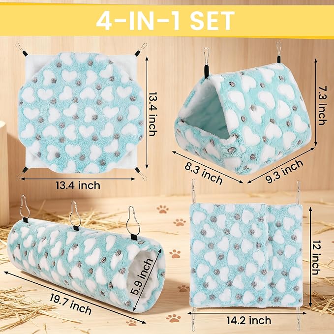 MCEAST 4 Pieces Small Pets Cage Accessories Hanging Hammock Sleeping Bag Tunnel and Bed Hideout Set Warm Sleep Nap Sack Bed for Hamster Ferret Squirrel Rabbit, Light Blue Hearts