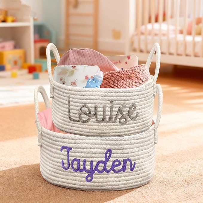 Personalized Baby Basket-Custom Rope Cotton Baby Storage Bin with Name-Newborn Nursery Organizer,Cute Baby Shower & Gift Basket