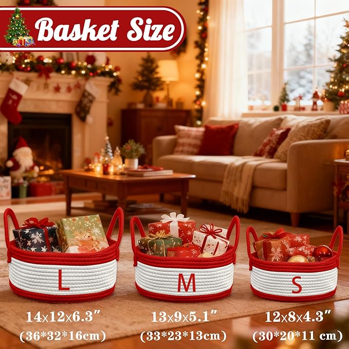 Personalized Christmas Gift Baskets for Kids,Custom Baby Shower & Holiday Nursery Storage Organizer,Name Design Toy Storage Bin,Handmade Cotton Rope Keepsake Caddy