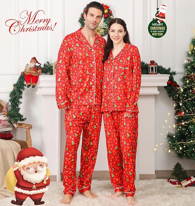ANGELGGH Family Christmas PJs Matching Sets 2 Pcs Festival Party Pajamas Holiday Warm Sleepwear Couples Button Loungewear
