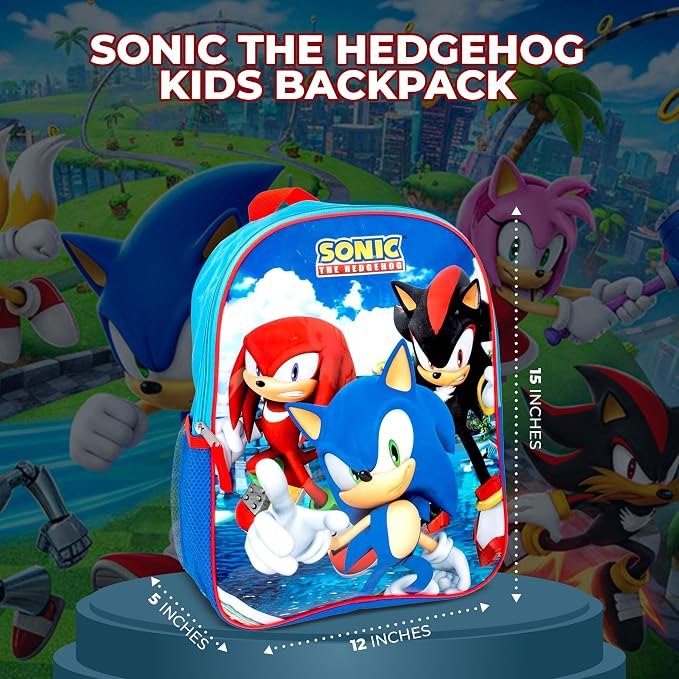 AI ACCESSORY INNOVATIONS Sonic The Hedgehog Kids Backpack, Sonic, Knuckles, Shadow 15" School Bag for Girls & Boys, Blue