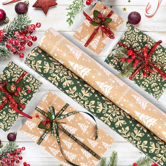 AhfuLife 2 Rolls Christmas Wrapping Paper, 43cm x 15M Xmas Wrapping Paper Rolls Recyclable Kraft Paper for Xmas Boxes Wrap Gift Birthday Festival Party Decorations (W: Christmas Tree/Snowflake)