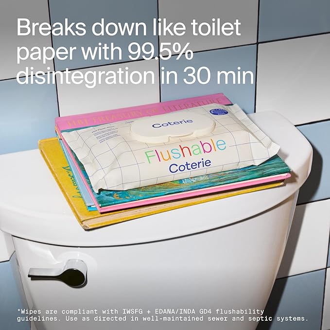 Coterie Flushable Wipes for Toddlers, Designed for Potty Training, Safe for Sensitive Skin, Hypoallergenic, 99% Water, Plant-Based, Fragrance Free, Sewer & Septic Safe, 16 Pack (448 Wipes)