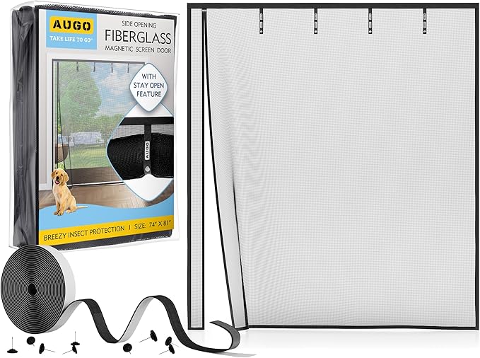 AUGO Fiberglass Magnetic Screen Door Reversible Left Right Side Opening - Self Sealing, Heavy Duty, Hands Free, Keeps Bugs Out - Pet and Kid Friendly - Patent Pending Keep Open Feature – 74” x 81”