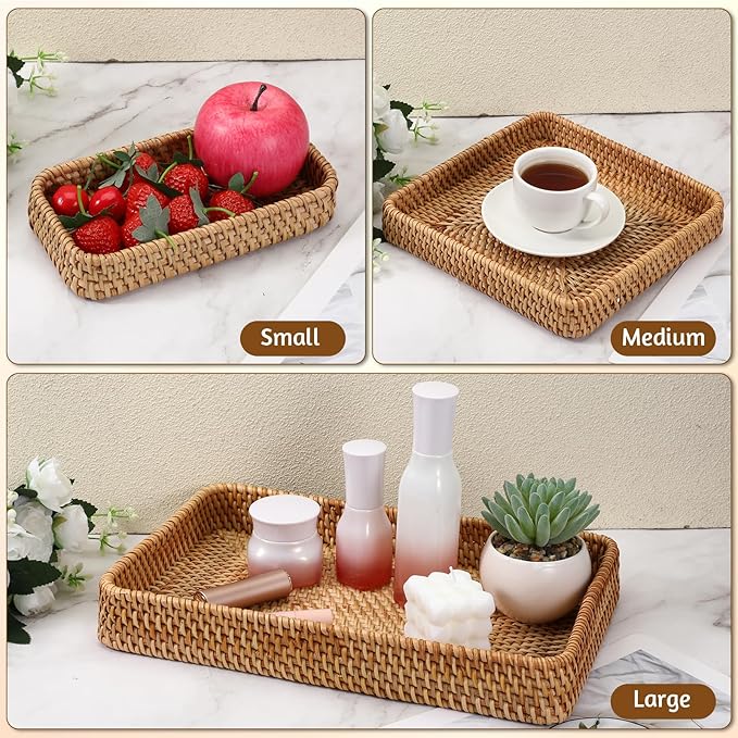Rattan Serving Tray, 3 Pcs Rectangular Wicker Tray Set Natural Decorative Woven Trays for Fruit, Water Cups, Teacups, Snacks, Candy, Dried Fruit, Bread, Desserts (3 Sizes)