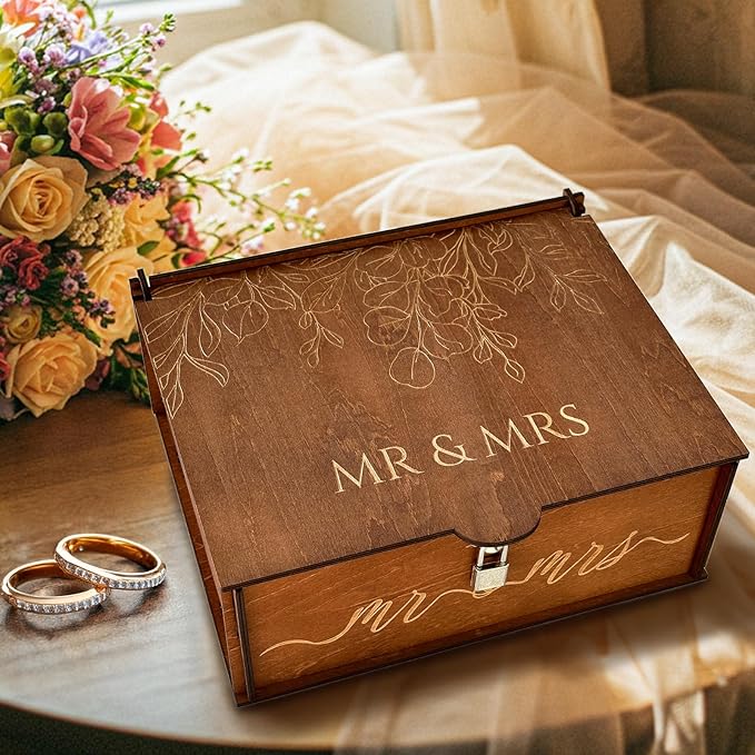 AerWo Wedding Keepsake Box, Wooden Storage Box Large with Lid and Lock, Assembled Keepsake Memory Box, Gift for Newlyweds Wedding Anniversary Engagement Photo Letter Time Capsule