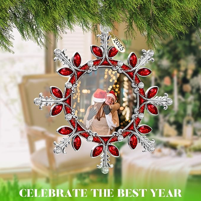 2025 Christmas Tree Ornament Snowflake Picture Frame Metal Hanging Pendant Holiday 2" Photo Frame Charm Decorative of Pets, Baby First Christmas, Family (Red)
