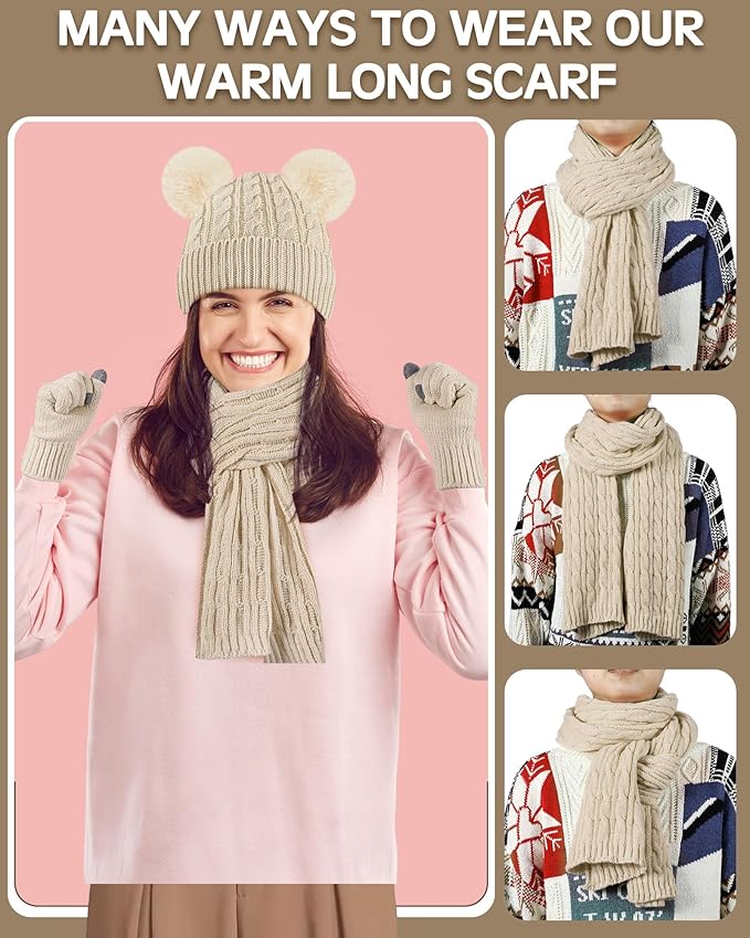 Geyoga 6 Pcs Winter Warm Fleece Knit Hat Long Scarf Touchscreen Gloves Ear Muffs Socks Sets, Winter Warm Gifts for Women