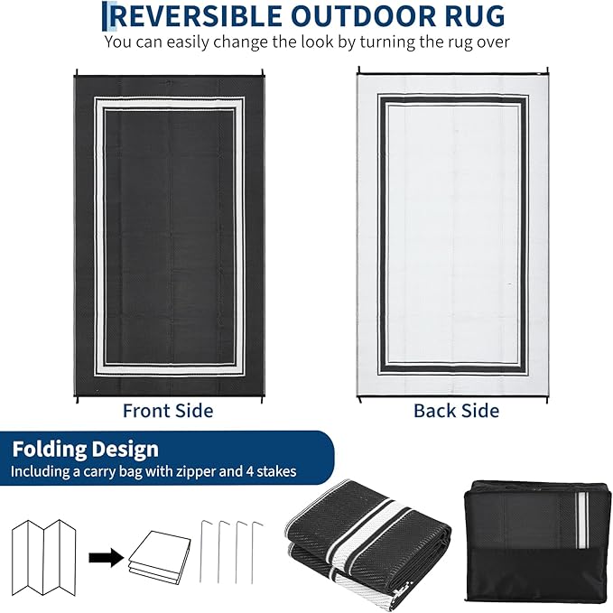 Outdoor Rugs 8x10 for Patio Waterproof Floor Mats Modern Bordered Plastic Straw Large Area Rugs Lightweight Reversible Mat Carpet for RV Backyard Balcony Porch Black/White