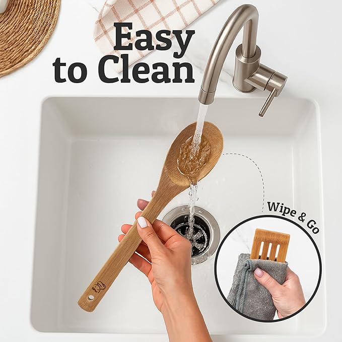 PriorityChef Wooden Spoons for Cooking, 8Pc with Utensil Holder, Non Scratch Bamboo Cooking Utensils, Non-Toxic Wooden Utensil Set, Easy to Clean Kitchen Utensils Set for All Cookware Types