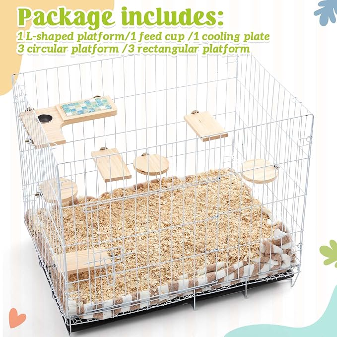 DoubleFill Set of 9 Wooden Hamster Cage Platform Chinchilla Ledges and L Shaped Round Hole Rat Cage Accessories with Cooling Standing Board Food Cup for Squirrel Gerbil Guinea Pig Small Animal