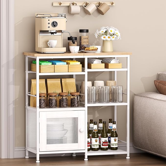 SWTYMIKI Coffee Bar Cabinet Station - Farmhouse Small Coffee Stand Station with Doors, Rustic Storage Organizer for Kitchen, Buffet Sideboard Cabinet Table for Home, Office, Corner, Bar, White
