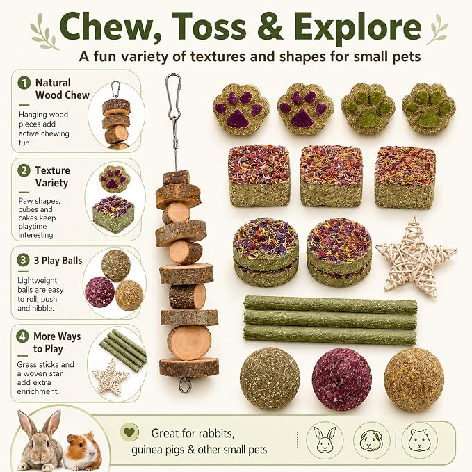 Grddaef Rabbit Toys, Guinea Pig Toys 17Pcs Natural Timothy Hay Bunny Chews and Treats for Hamster Chinchilla Gerbil