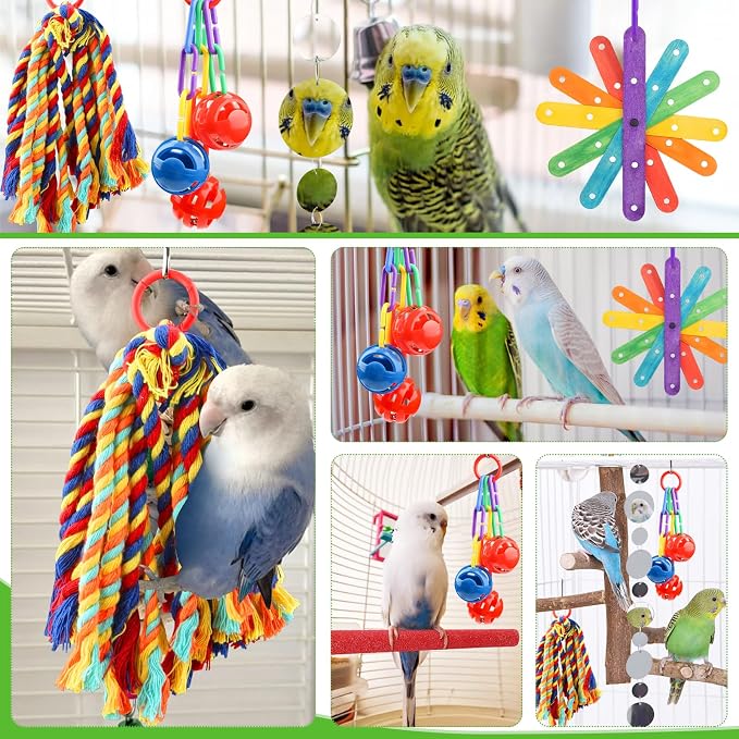 QUOZUO Small Bird Toys Parakeet Cage Accessories, Parakeet Toys, Swing Hanging Standing Chewing Toy, Bird Toys for Parakeets, Cockatiel, Parrot, 4pcs