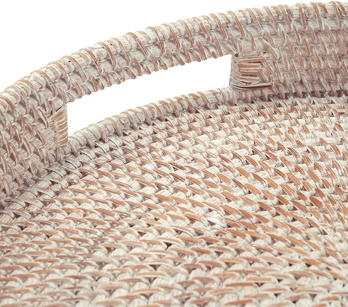 14.2" Round Rattan Tray, Hand Woven Serving Tray with Handles, Wicker Serving Basket, Decorative Tray for Home Decor, Whitewash