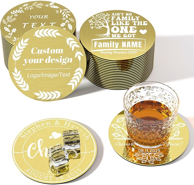 Personalized Coasters,Stainless Steel Coaster with Sponge Bottom,Engraved Drink Coasters with Logo/Name, Modern Coasters for Restaurant, Bar, Housewarming or Wedding Gift, Set of 6 (Golden, Round)