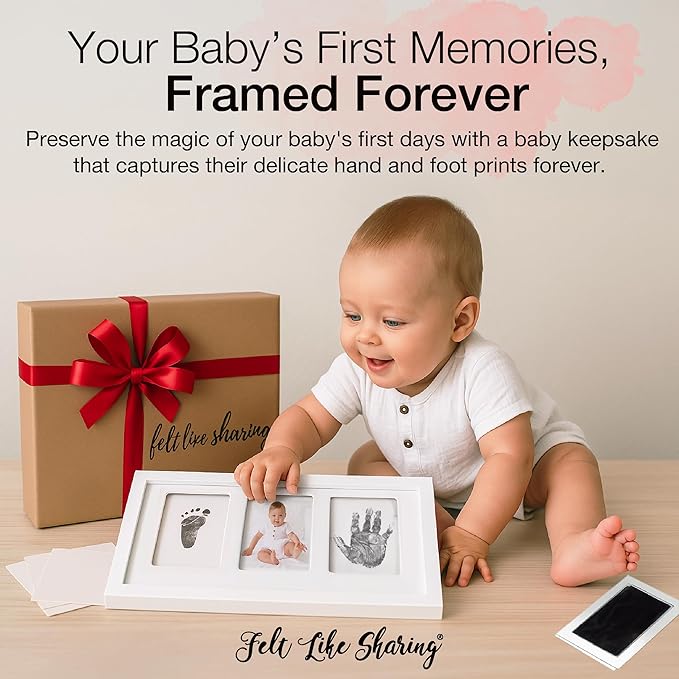 Felt Like Sharing My Tiny Prints Newborn Baby Handprint and Footprint Kit – Photo Keepsake Frame with Ink Pad for Baby Hand and Footprints – Great New Parent Present – 17” L x 9.5” H (Gray)
