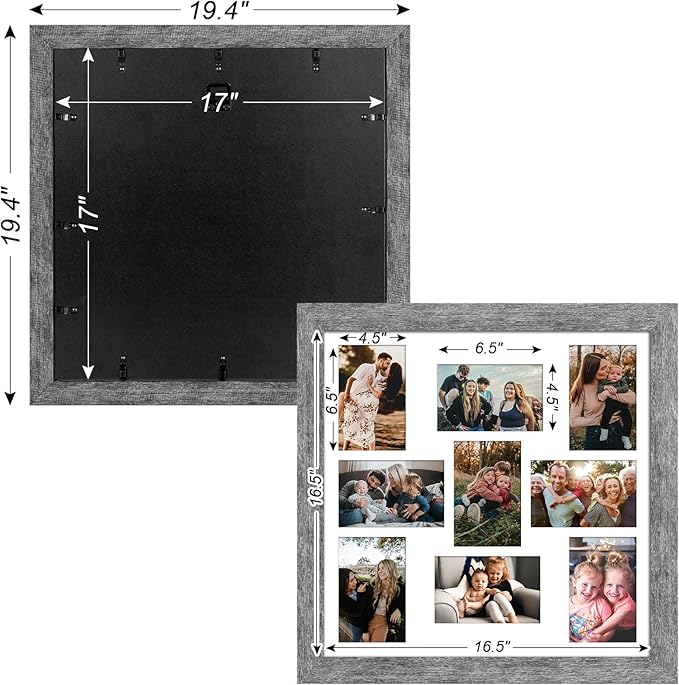 17x17 Picture Frame Display 9 opening 4X6 Picture Frame Collage,Multi Photo Frame with Mat,Plexiglass,Wall Mount Decor,Grey Wood Grain