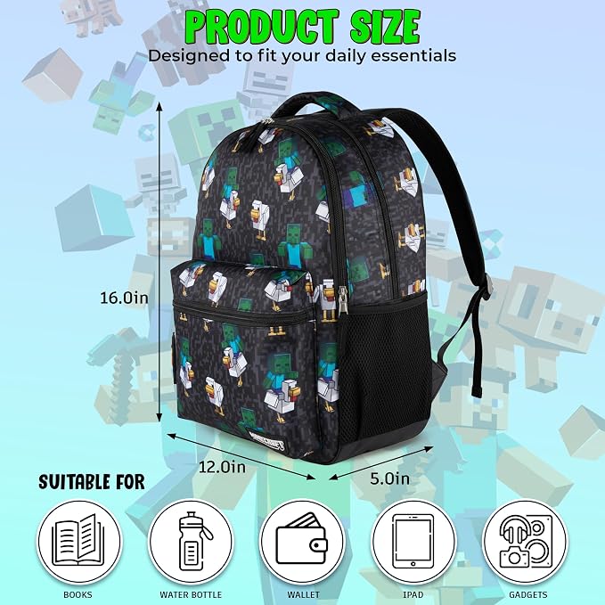 AI ACCESSORY INNOVATIONS Minecraft Chicken Jockey Boys & Girls Backpack, 16” Bookbag w/Molded Chicken Rubber Dangle