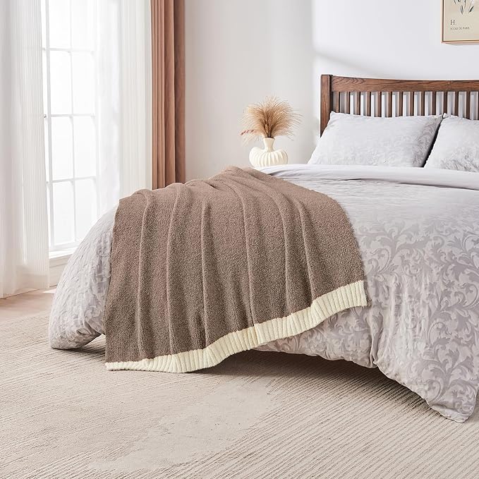 CozeCube Super Soft Fullfy Microfiber Reversible Knitted Blankets, Warm Cozy Fuzzy Plush Throw, Dark Brown and White Melange Throw Blanket for Couch Bed Sofa, 60" x 80"