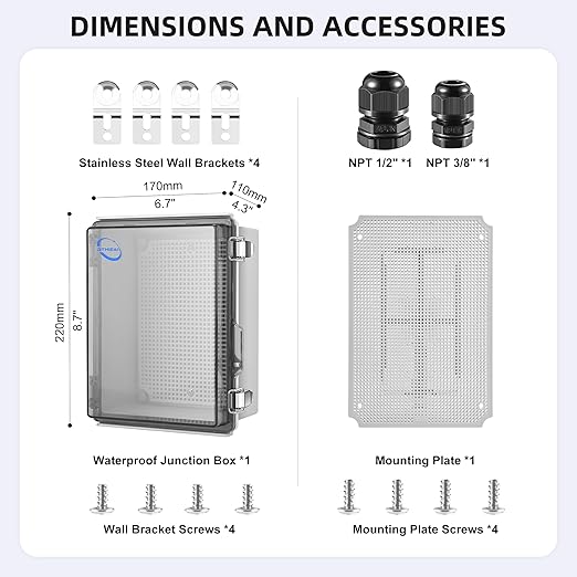 Waterproof Outdoor IP67 Junction Box (8.7"x6.7"x4.3") with Mounting Plate, Hinged Clear Cover and Wall Brackets - Weatherproof ABS Plastic Electrical Enclosure for DIY Projects (220x170x110mm)