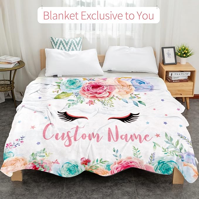 Personalized Unicorn Blanket with Name for Girl, Custom Name Blanket for Teen, Soft Flannel Pink Unicorn Toddler Blanket Customized Gift for Birthday 50''x60''
