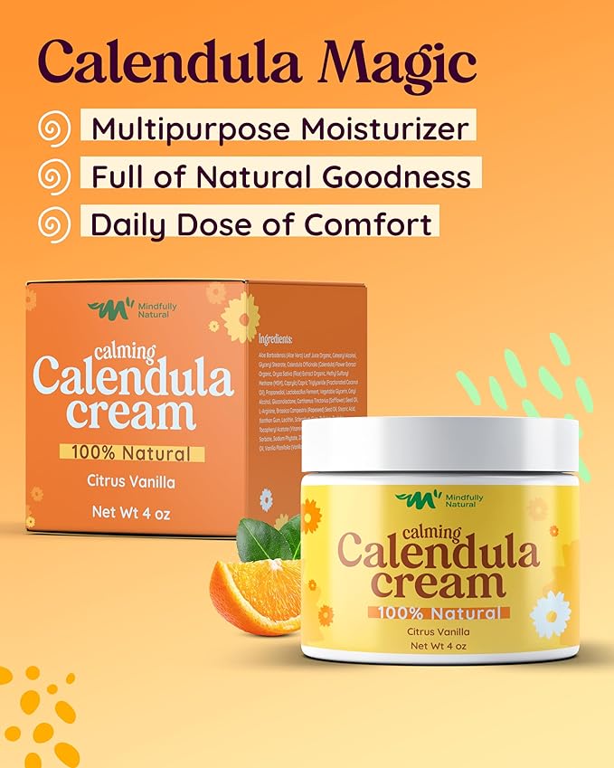 Calendula Cream with Organic Aloe Vera - Baby Calendula Cream for Face and Body - Healing After Sun Kids Lotion for Sunburn Relief and Soothing Minor Skin Conditions (Light Citrus Vanilla)