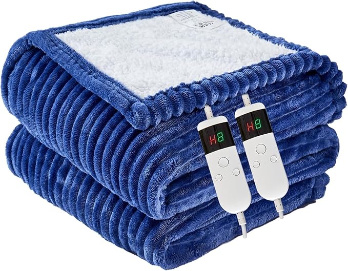 Heated Blanket Electric Queen, Soft Flannel Heating Blanket with 8 Hours Auto Off 10 Fast Heating Levels Machine Washable Sherpa Heated Blanket with Overheating Protection