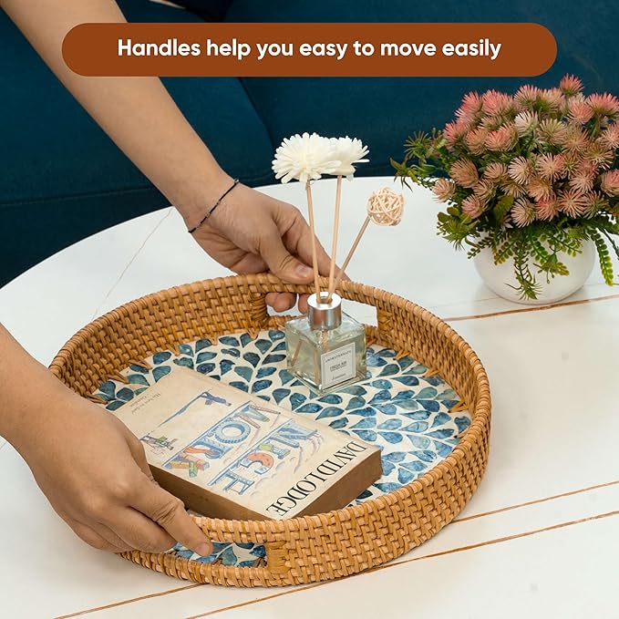 KOLWOVEN Round Rattan Tray with Handle, Rattan Serving Tray with Mother of Pearl Inlay Wooden Base, Decorative Wicker Basket for Table Decor (Blue Leaves)