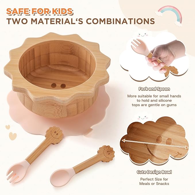 Bamboo Suction Plates Bowls Set for Baby Toddler - Includes Bamboo Bowl, Divided Plate, Silicone Fork & Spoon, All-Natural Baby Feeding Set for Baby-Led Weaning