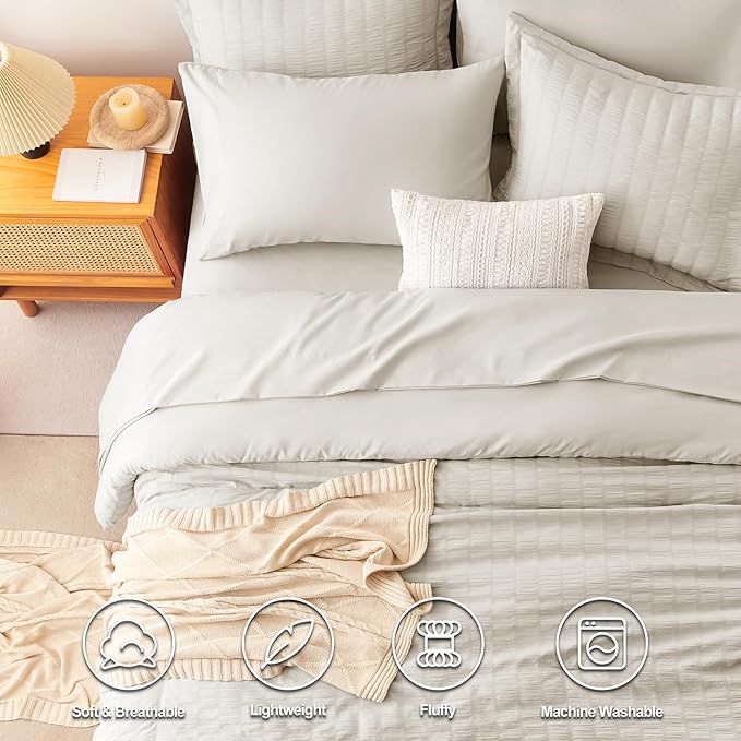 CozyLux California King Comforter Set with Sheets 7 Pieces, Beige Seersucker Bed in a Bag Cal King Luxury Soft Bedding Sets with Down Alternative Comforter, Sheets, Pillowcases & Shams for All Season