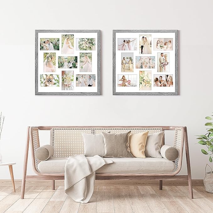 17x17 Collage frame with 9 Openings 4X6 Pictures, Multiple Picture Frame with Mat, Wall or Tabletop Decor, Grey Wood Grain,2 Pack