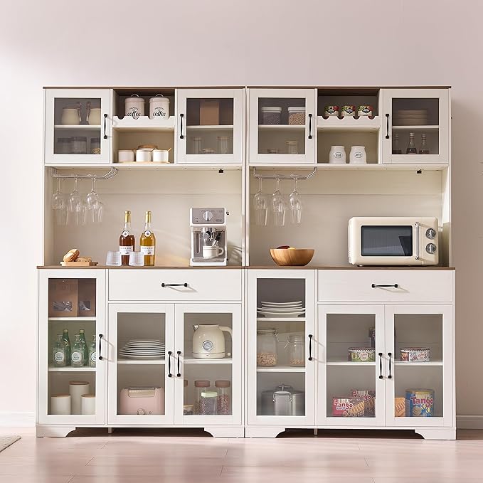 Fatmok 71" Tall Pantry Cabinet, Coffee Bar Storage Cabinet with Charging Station & LED Lights, Kitchen Hutch Food Pantry Cabinet with Wine Rack, Drawer, Adjustable Shelves & Microwave Stand, White