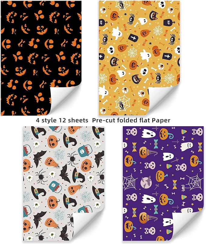 PlandRichW Halloween Wrapping Paper 12 Sheets Folded for Boys Girls Kids Man Women,Pumpkin Spooky Witch Hat Bat Halloween Decorations,Holiday,Party,Baby Shower Present Packing Each 20" X 29"