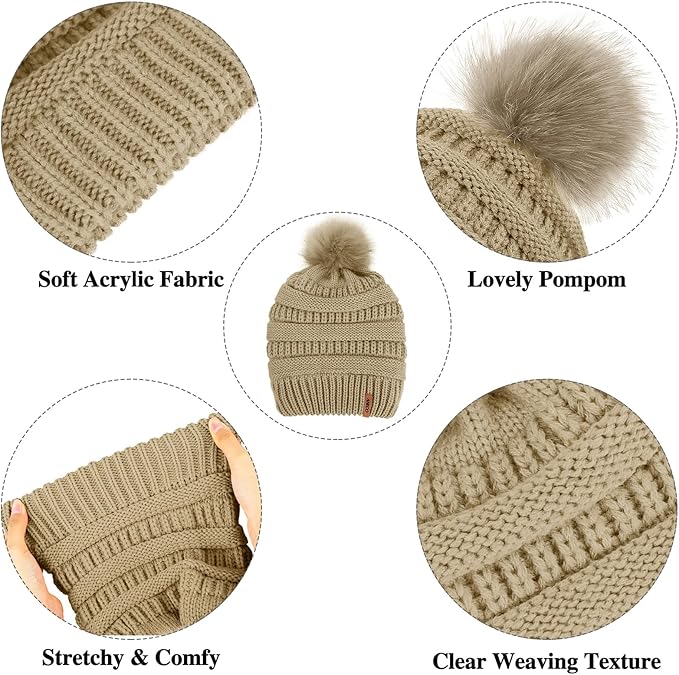 Aneco Womens Winter Warm Sets Knitted Fur Pompoms Beanie Hat Circle Loop Scarf Touch Screen Gloves Winter Favor Accessories