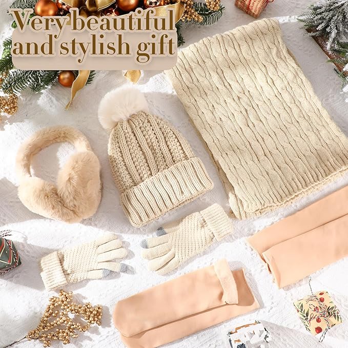Geyoga 6 Pcs Winter Warm Set for Women Warm Beanies Hats Touchscreen Gloves Long Scarf Ear Muffs Socks Winter Gifts for Women