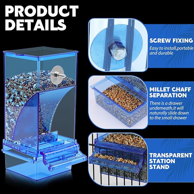 Yaomiao 4 Pcs No Mess Small Bird Feeders Automatic Parakeet Water Dispenser Clear Quail Feeder and Watered Cage Accessories for Small and Medium Parakeet Cockatiel Canary(Assorted,Blue)