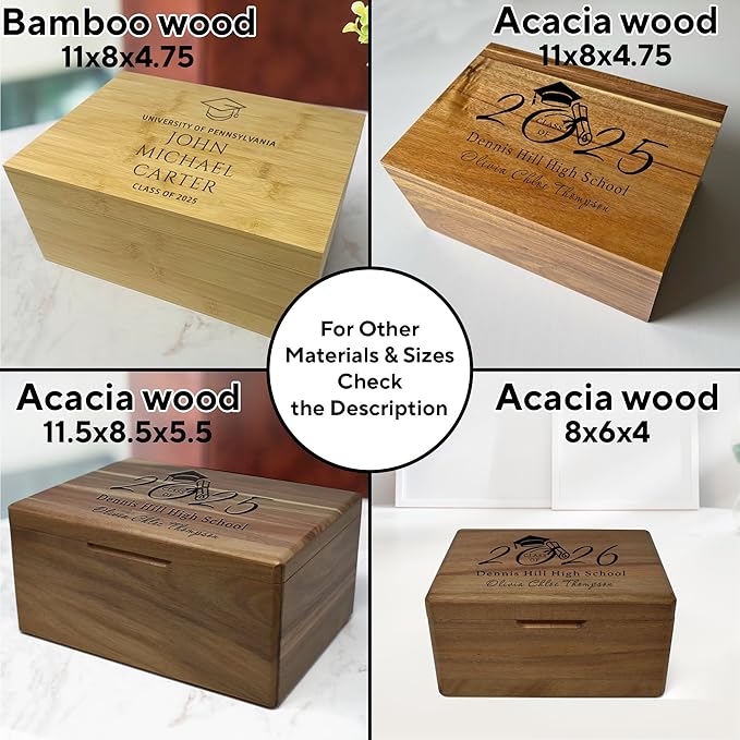 Graduation Memory Box 2025 - Personalized Graduation Gifts for Her Him, Custom Engraved High School Memory Box Organizer Boys Girls, Keepsake Time Capsule, Wooden Storage Chest Congrats Grad