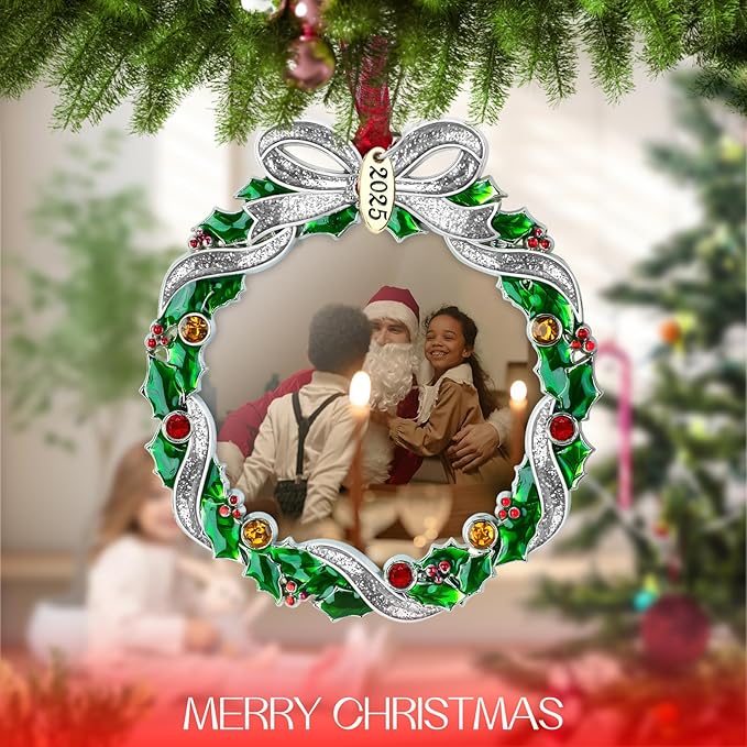 Christmas Tree Ornament Picture Frame Metal Hanging Pendant Holiday 2.5" Photo Frame Charm Decorative of Pets, Baby First Christmas, Family (2025 Christmas Wreath)