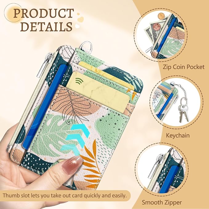 Kelvoris Credit Card Holder Small Wallet Women, Slim RFID, Abstract Leaves | Keychain, Zipper Coin Pocket, Front Pocket Thin Travel Card Case, Minimalist, 6 Card Slots, 1 ID Window, Ladies Gifts Woman