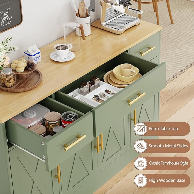 Shintenchi Buffet Cabinet with Storage,53.4" Large Kitchen Storage Cabinet with 3 Drawers and 4 Doors,Wood Farmhouse Buffet Sideboard with Adjustable Shelf for Kitchen Living Room, Green