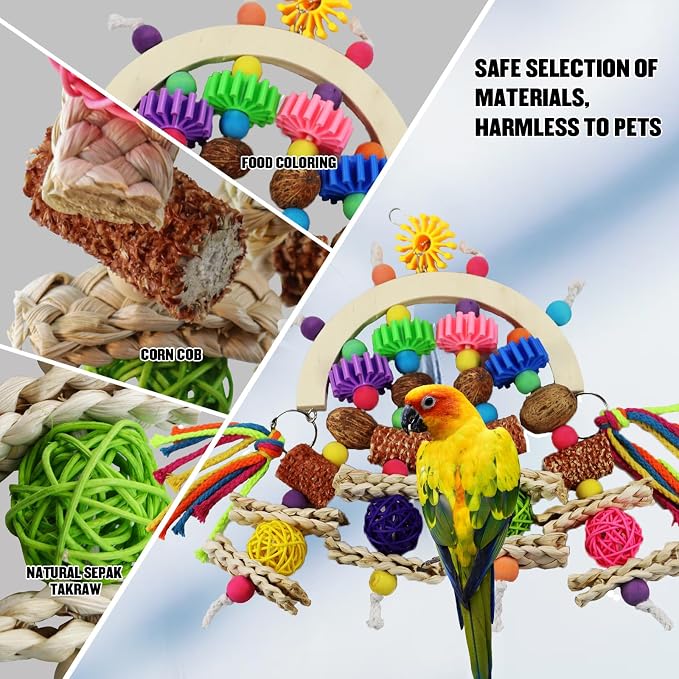 Corn cob and wooden mango combination natural wooden parrot chew toy | Colorful gear beads and ropes, safe to bite and relieve boredom, are ideal cage decorations for medium to large parrots