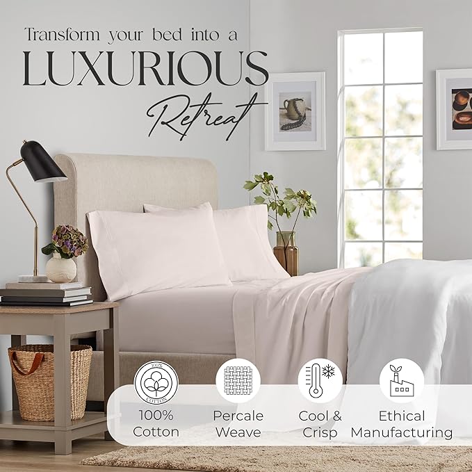 SUPREME ELEGANCE Twin Sheets Set – Natural 100% Cotton Percale Twin Bed Sheets, Oeko-tex Made in Green Sustainable, Cooling Crisp Bedding with Deep Pockets, Soft Breathable Hotel Quality, Light Pink