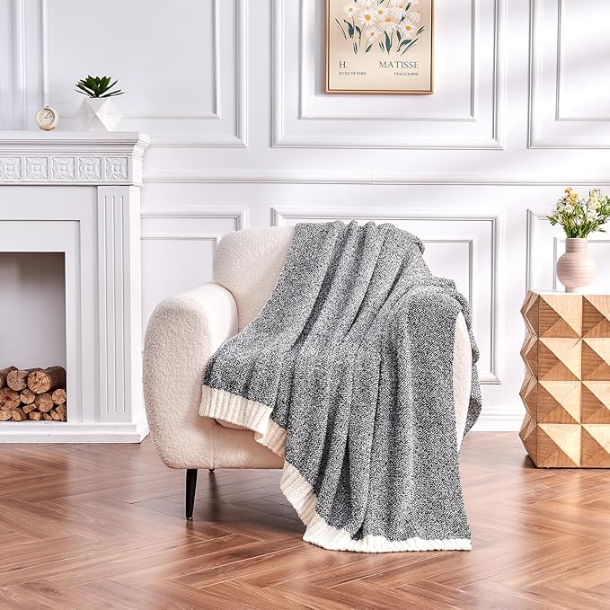 CozeCube Super Soft Fullfy Microfiber Reversible Knitted Blankets, Warm Cozy Fuzzy Plush Throw, Black and White Melange Throw Blanket for Couch Bed Sofa, 60" x 80"