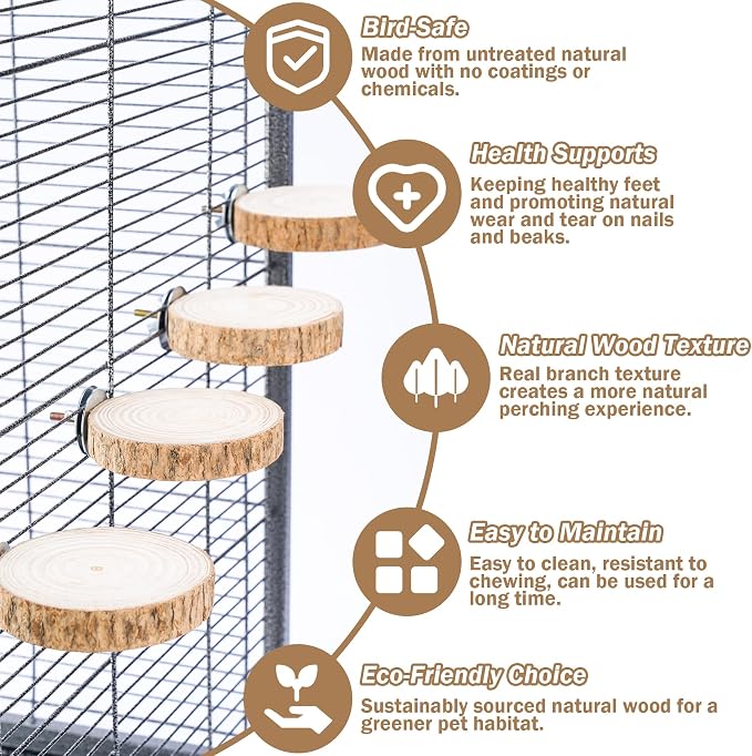 Bird Perches for Cage, 4PCS Natural Wood Bird Cage Accessories for Bird Stand, Round Parrot Flat Perch for Parakeets, Budgies, Cockatiels, Lovebirds, Conures(2.76 inches)