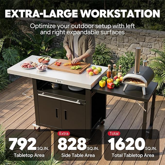 Outdoor Kitchen Island with Cabinet, Outdoor Grill Table with Stainless Steel Top for Pizza Oven& Griddles, Movable Bar Cart with Pull-Out Plate for Parties& Gathering, Heavy-Duty, L74”x W24”