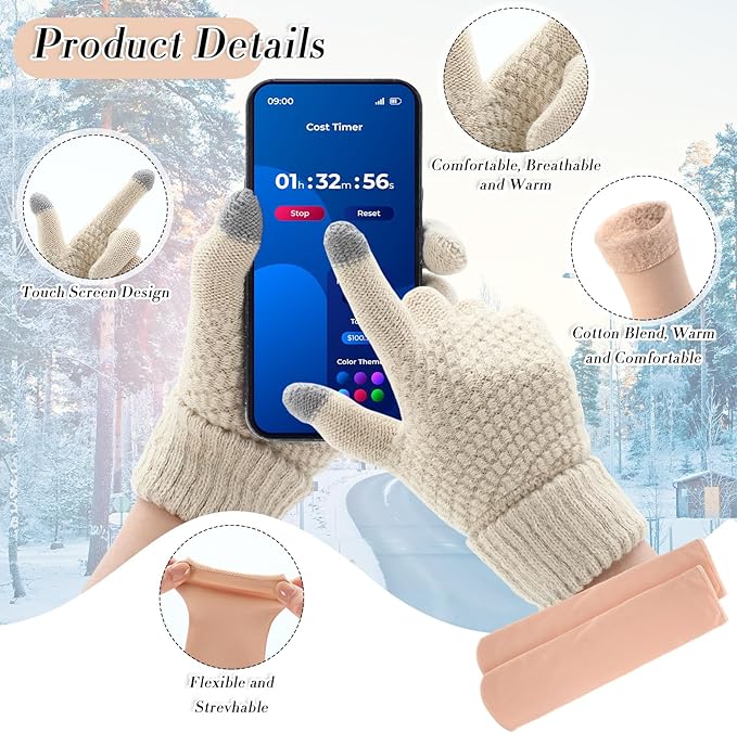 SATINIOR 5 Pcs Winter Hat Scarf Gloves Set Fleece Warm Lined Knit Beanie Hat Touch Screen Earmuff Gloves Warmer for Women(Beige,Rhombus Pattern)