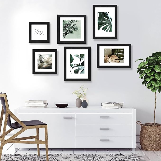 9x12 Picture Frame Set of 4, Made of Glass and Rustic Black Wooden Frame - Display Picture 6x8 with Mat or 9 x 12 Without Mat, 9 by 12 Photo for Wall or Tabletop