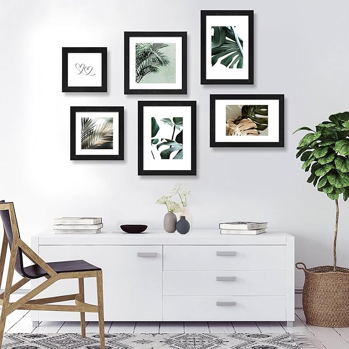 12x12 Picture Frame Set of 4 - Made of Glass and Rustic Black Wooden Frame, Display Square Pictures 10x10 with Mat or 12 x 12 without Mat, Desktop & Wall Collage Photo Frame