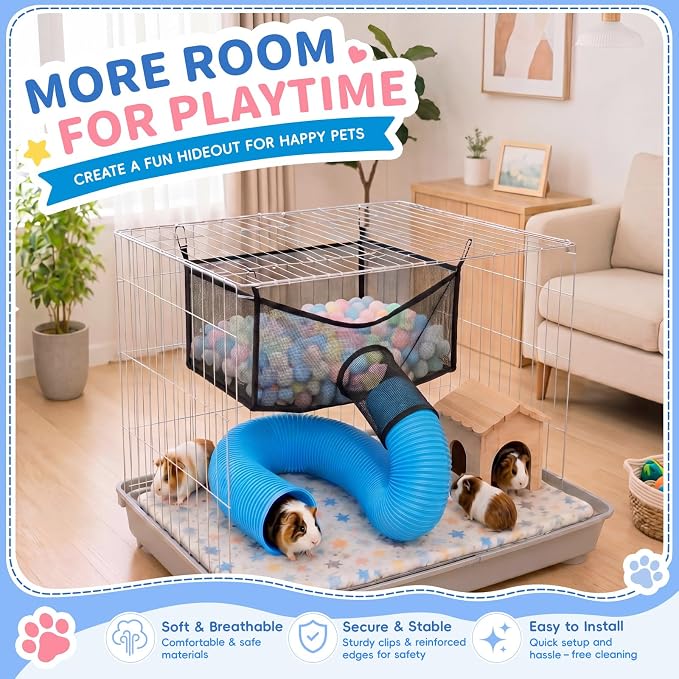 Mifoci Ferret Ball Hammock with Tunnel, Hanging Mesh Play Cube for Cage, Washable Small Animal Bed for Ferrets, Rats, Chinchillas & Guinea Pigs, 4 Clips, Black, (Balls Not Included)